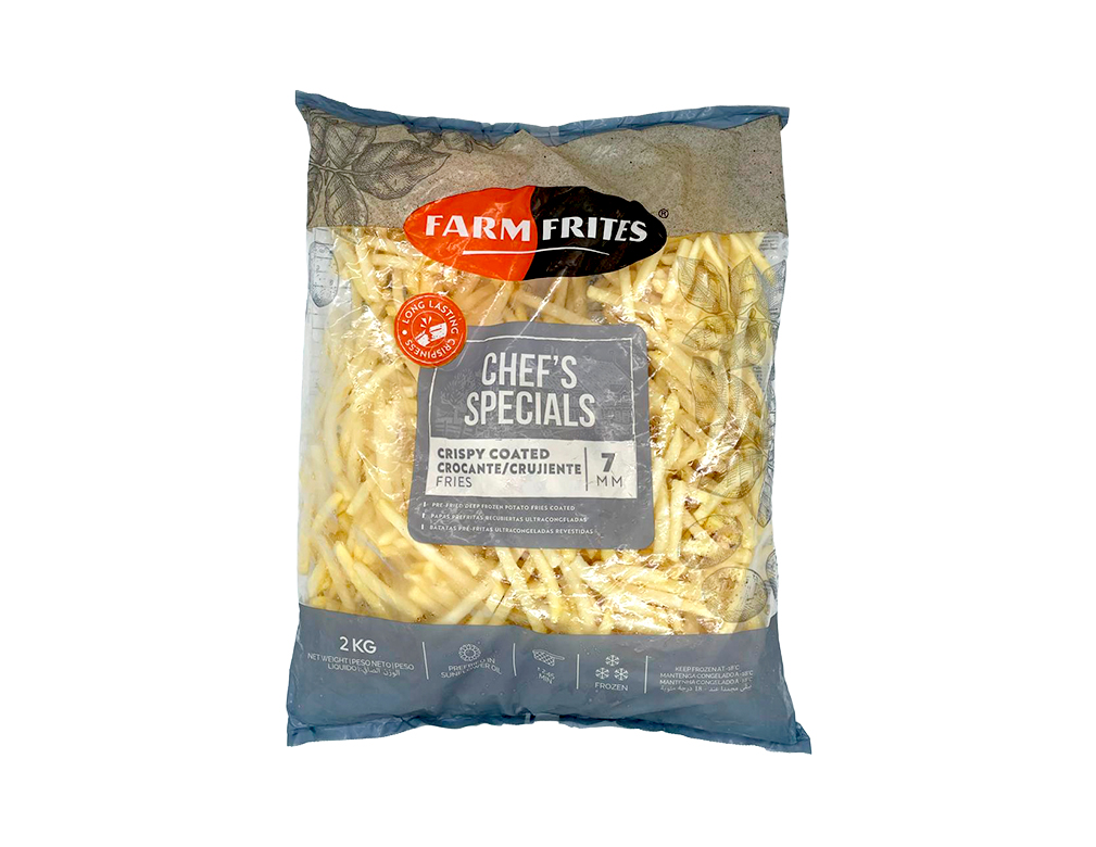 BATATA PALITO CONGELADA PRÉ FRITA 7 MM CORTE FINO CRISPY COATED FARM FRITES 2 KG (CX 6 PCT)